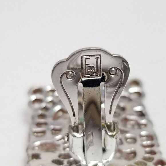 Vintage Emmons EMJ Silver Tone Rectangle Filigree Clip On Earrings, Signed - Picture 4 of 6